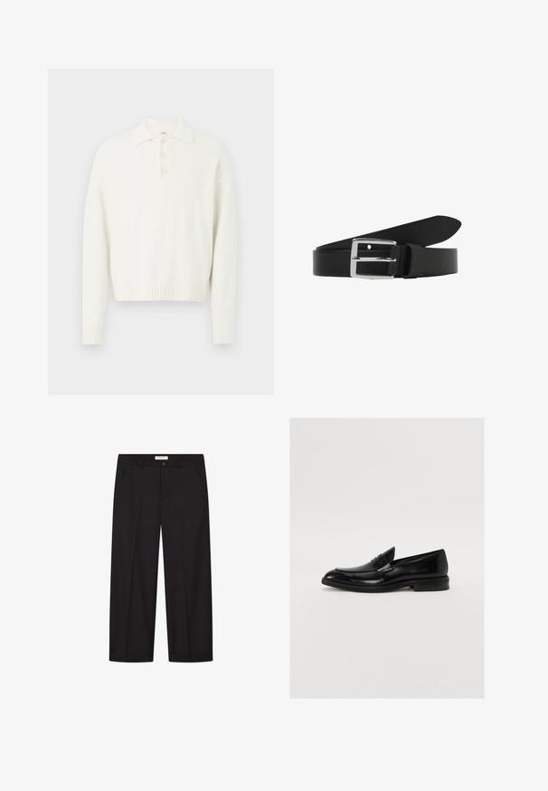 Suéter blanco de cuello con tres botones en la parte delantera y puños y dobladillo acanalados. Tejido suave y texturizado con un ajuste relajado.; Pantalones de pierna ancha negros, confeccionados con una tela suave. Cuentan con cierre de botón y cremallera, dos bolsillos delanteros y un acabado de dobladillo nítido.; Mocasín de cuero negro con puntera redondeada, costuras sutiles y un acabado suave. Presenta un tacón bajo apilado y una correa sobre el empeine.; Cinturón de cuero negro con hebilla de metal rectangular plateada, presilla y punta puntiaguda, enrollado plano sobre fondo blanco.