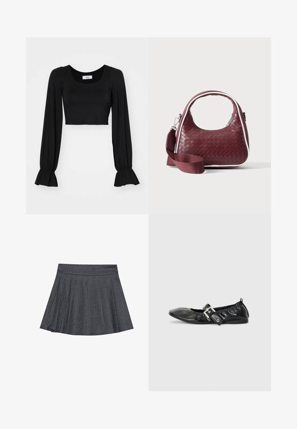 Zwart cropped top met een vierkante halslijn, lange poffende mouwen en geplooide manchetten. Gemaakt van zachte stof met een gladde textuur.; Grijze pinstriped skaterrok met een aansluitende tailleband, uitlopende A-lijnvorm en zachte stoftextuur. Verticale lijnen vergroten de visuele belangstelling.; Zwarte leren platte schoen met een spitse neus, geplooide details rond de opening en een zilveren gespaccentueerde verstelbare band.; Donkerrode geweven leren handtas met gebogen handvat, witte bies, zilveren rits en afneembare brede stoffen schouderriem tegen een effen achtergrond.