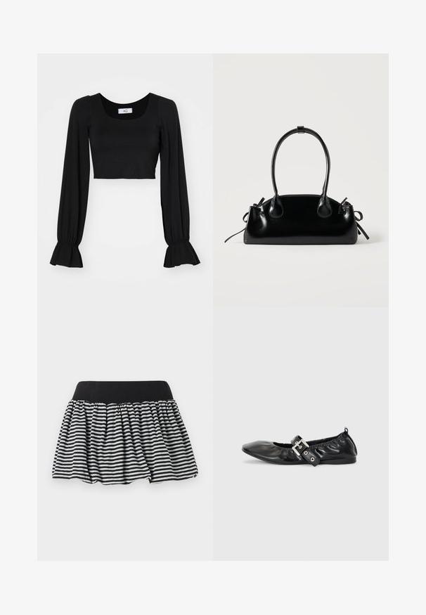 Zwart cropped top met een vierkante halslijn, lange poffende mouwen en geplooide manchetten. Gemaakt van zachte stof met een gladde textuur.; Zwart-wit gestreepte rok met een geraffineerd ontwerp en een elastische tailleband, gemaakt van zacht materiaal. Heeft een uitlopende vorm voor extra volume.; Zwarte leren platte schoen met een spitse neus, geplooide details rond de opening en een zilveren gespaccentueerde verstelbare band.; Kleine zwarte glanzende handtas met twee lange hengsels en zijkant trekkoord details op een effen lichte achtergrond.