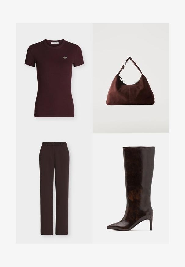 T-shirt Lacoste marron foncé côtelé manches courtes avec col rond et petit logo crocodile vert sur la poitrine gauche.; Pantalon droit marron foncé avec passants de ceinture, braguette devant et poches latérales, présenté sur un fond blanc uni.; Call it Spring RHODDE - Bottes à talons hauts - medium brown; Sac bandoulière en daim marron doux avec une seule lanière et des accessoires métalliques argentés sur un fond clair uni.
