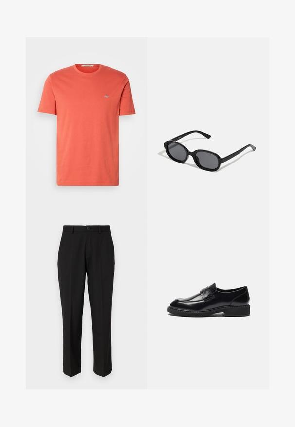 T-shirt en coton corail à manches courtes, col rond, avec un petit logo sur la poitrine. Texture lisse et coupe classique.; Pantalon noir en tissu lisse, présentant une coupe droite, des poches avant, un bouton simple de fermeture et sans motifs visibles.; Zign by Zalando LEATHER - Mocassins de ville - black; Zign by Zalando Lunettes de soleil - black