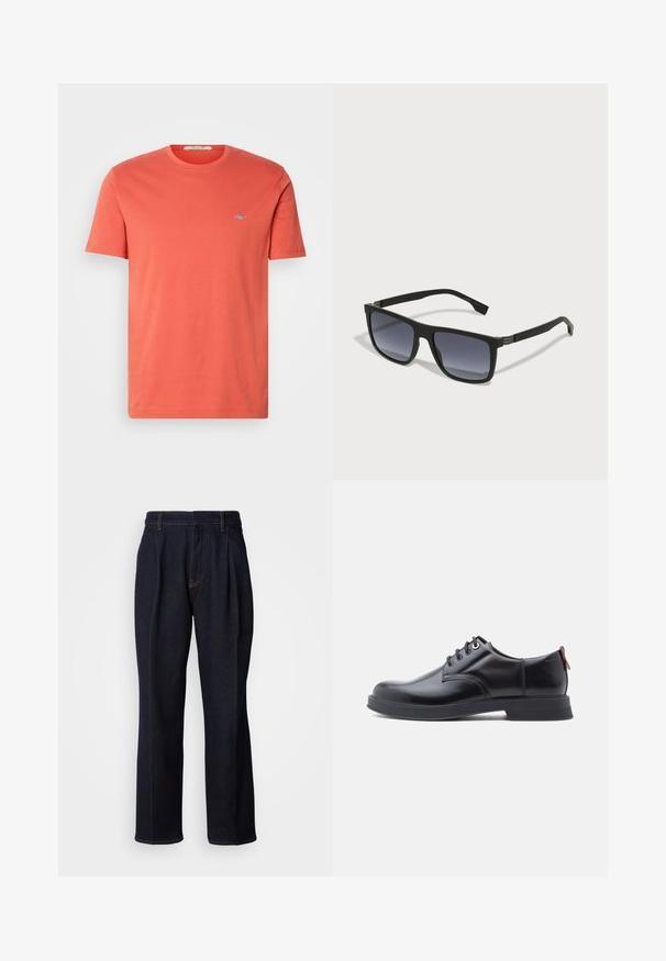 T-shirt en coton corail à manches courtes, col rond, avec un petit logo sur la poitrine. Texture lisse et coupe classique.; Jean en denim large à jambes bleues foncées avec des plis devant et des coutures orange, présenté sur fond blanc.; Chaussures en cuir noir à lacets avec une texture lisse, un bout arrondi et des détails de couture discrets. Présentent une languette rouge à l'arrière.; Lunettes de soleil rectangulaires noires avec des verres sombres dégradés. Fini mat, accents en métal sur les charnières et design élégant. Pas de logos visibles.