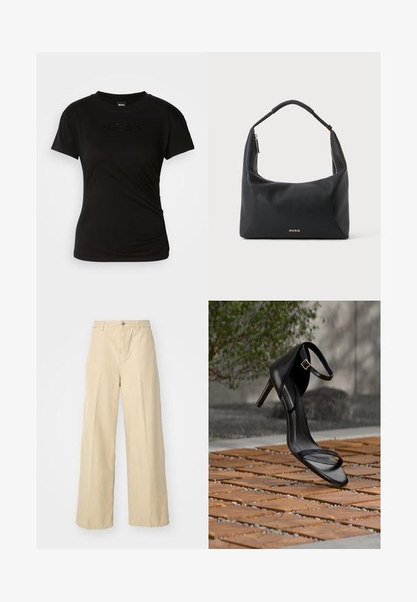 Camiseta negra hecha de tela suave, con mangas cortas y escote redondo. La palabra "BOSS" está bordada con acabados negros brillantes.; Pantalones de pierna ancha beige confeccionados en algodón, con cierre frontal de botón, trabillas para cinturón y una tela texturizada.; Sandalia negra de tacón alto con correa en el tobillo, parece suspendida sobre un suelo de baldosas de madera al aire libre, con un fondo difuminado de vegetación y piedra.; Bolso de hombro de cuero negro con asa trenzada, detalle de cremallera dorada y pequeño logo "HUGO" dorado en el centro frontal.