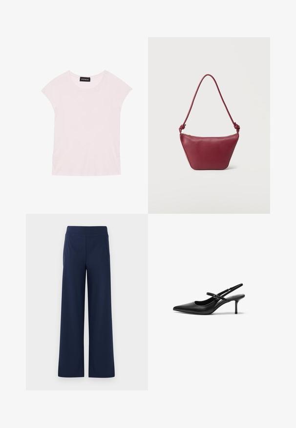 T-shirt rose clair à manches courtes, décolleté rond et détails froncés sur les côtés. Fabriqué en tissu doux et léger.; Pantalons larges bleu marine avec une taille élastique, texture douce et deux poches latérales, conçus pour le confort et la liberté de mouvement.; Talons aiguilles noires en cuir avec un bout pointu, une fine bride réglable, et un talon aiguille d'environ 5 cm, texture lisse.; Petit sac à bandoulière en cuir marron foncé avec bandoulière nouée et fermeture éclair supérieure, sur un fond clair uni.