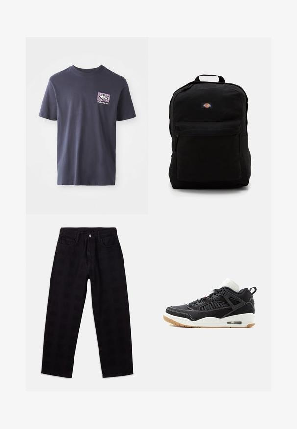 Camiseta de algodón azul marino con cuello redondo y mangas cortas. Presenta un estampado gráfico geométrico en púrpura y blanco en el lado izquierdo del pecho.; Jeans de mezclilla negra con un ajuste relajado, que cuentan con cierre de botones, diseño de cinco bolsillos y un patrón texturizado sutil en toda la tela.; Zapatilla de caña alta en blanco y negro con costuras blancas, malla de ventilación, suela de goma y cojín de aire visible en el lado del talón.; Mochila negra hecha de tejido duradero que cuenta con un bolsillo delantero con cremallera, parche con el logo, asa superior y correas de hombro ajustables.