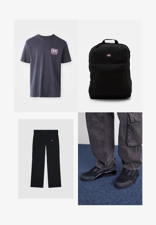 Marineblaue Baumwoll-T-Shirt mit Rundhalsausschnitt und kurzen Ärmeln. Mit einem geometrischen Grafikdruck in Lila und Weiß auf der linken Brust.; Schwarze Cargo-Hosen aus Baumwolle mit mehreren Taschen, einer glatten Textur und einem Logo-Patch auf der rechten hinteren Tasche.; Schwarze Sportschuhe mit einer strukturierten Oberfläche, glatten Akzenten und einer chunky Sohle, kombiniert mit dunklen, lässig sitzenden Cargo-Hosen.; Schwarzer Rucksack aus strapazierfähigem Stoff mit einer vorderen Reißverschlusstasche, Logo-Patch, Tragegriff und verstellbaren Schultergurten.