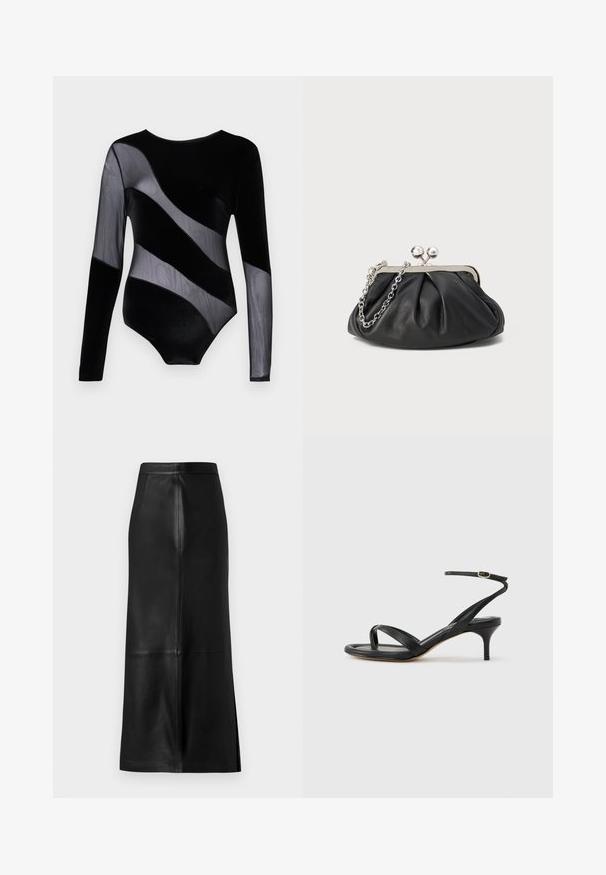 Sort langærmet velour bodysuit med gennemsigtige diagonale paneler og ærmer, der har en rund halsudskæring og tætsiddende silhuet.; Sort læderskirt med en lige silhuet, der har en slids bagpå, glat tekstur og synlige sømdetaljer.; Sort damesandal i læder med tynde remme, en tå-loop, ankelspænde og en mellemhøj stiletthæl på en neutral baggrund.; Sort læder clutch med samlet tekstur, sølvfarvet metalramme, kys-lås lukning og kædestrop. Glat, blød overflade.