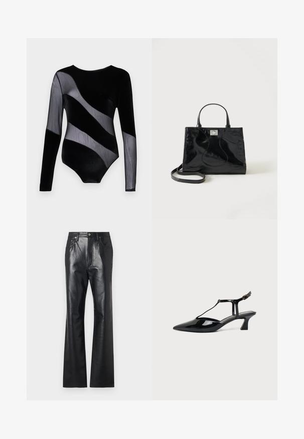 Body en velours noir à manches longues, avec des panneaux diagonaux et des manches en transparence, doté d'un décolleté rond et d'une silhouette ajustée.; Pantalons en cuir noir avec une texture lisse, design à jambe évasée, fermeture éclair à l'avant et passants de ceinture. Présente des accents de couture subtils.; Chaussure slingback en cuir verni noir à bout pointu avec bride en T et petit talon bloc incliné sur fond blanc.; Sac à main en cuir verni noir avec poignées arrondies, bandoulière détachable et fermeture à boucle argentée sur fond blanc uni.
