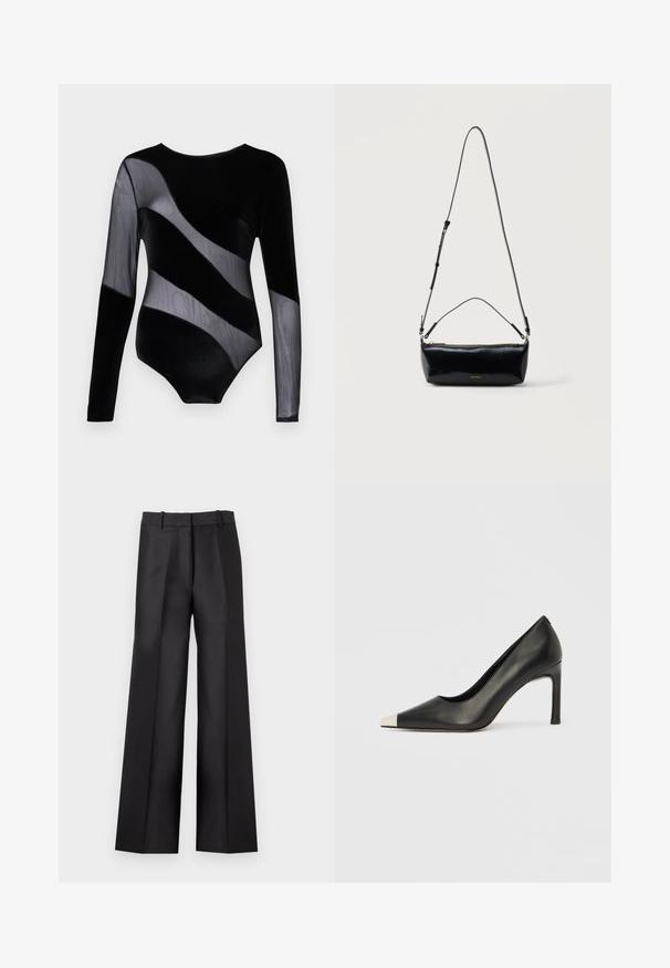 Sort langærmet velour bodysuit med gennemsigtige diagonale paneler og ærmer, der har en rund halsudskæring og tætsiddende silhuet.; Sorte viddebukser med en glat tekstur, der har en flad front, to sidelommer og en skræddersyet linning med bæltestropper.; Sort læder højhælet sko med spids tå og metal-sølv hætte. Har en glat finish og en slank hæl på 10 cm.; Sort rektangulær læder crossbody-taske med justerbar skulderrem, top lynlås og lille gyldent Calvin Klein-logo foran.