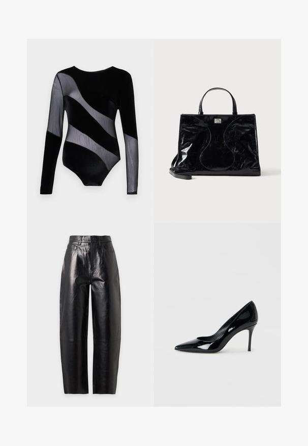 Body en velours noir à manches longues, avec des panneaux diagonaux et des manches en transparence, doté d'un décolleté rond et d'une silhouette ajustée.; Pantalon en cuir noir taille haute à jambes larges avec fermeture par boutons et zip à l'avant, passants de ceinture et détails de poches cousues.; Escarpin en cuir verni noir avec un bout pointu et un talon aiguille délicat. Texture lisse avec un fini brillant et un design minimaliste.; Sac à main en cuir noir brillant avec poignées courtes, bandoulière amovible et détails de couture discrètement courbés à l’avant.