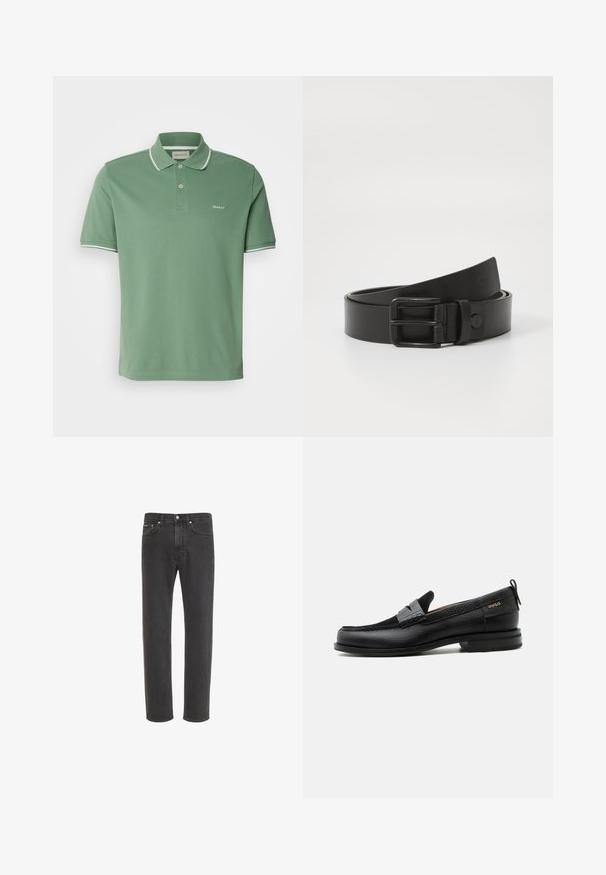 Camisa polo verde de algodón, con cuello, tapeta de dos botones y ribete blanco en las mangas, además de un sutil bordado del logo.; Vaqueros negros de corte recto con cierre delantero de botón y cremallera, bolsillos delanteros y traseros, mostrados sobre fondo blanco.; Mocasín de cuero negro con detalle de tira gris, tacón bajo y suela texturizada, con la marca "HUGO" en oro en el lateral.; Cinturón de cuero negro con una hebilla metálica rectangular. Presenta una textura suave y un diseño minimalista, con un ligero enrollado en el extremo.