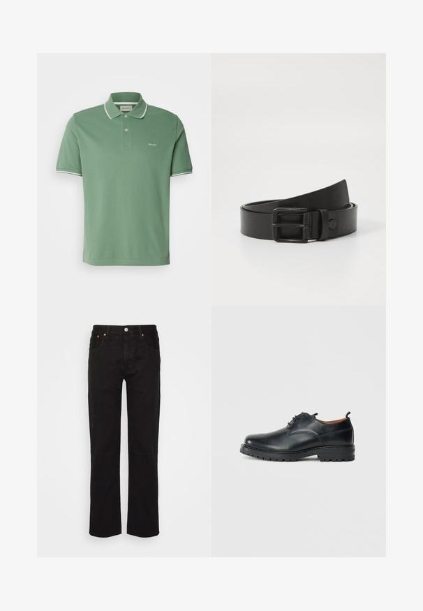 Polo vert en coton, doté d'un col, d'un plastron à deux boutons et de finitions blanches sur les manches avec un discret brodé de logo.; Jean noir à jambe droite en coton. Il possède cinq poches, un bouton en métal et des coutures orange accentuées à l'avant.; Chaussures derby en cuir noir avec une texture lisse, bout rond, design à lacets et une semelle en caoutchouc épaisse et robuste.; Ceinture en cuir noir avec une boucle en métal rectangulaire. Présente une texture lisse et un design minimaliste, avec un léger enroulement à l'extrémité.