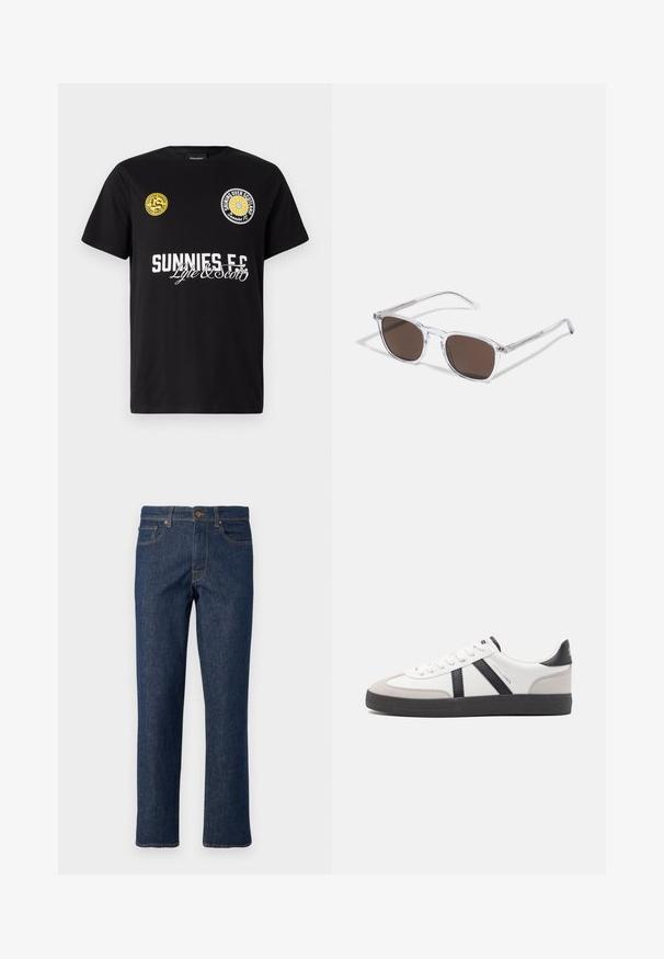 Must must-haki, millel on rinnal kaks ringikujulist logo. "Sunnies FC" on trükitud julgete valgete tähtedega, mille all on kalligraafilised aktsendid.; Tumed sinised džinsid denimist, sirge säärega lõikega, varustatud nööbikinnitusega, viie taskuga ning kontrastsete õmblustega detailide; Valged tossud mustade ja hallide aktsentidega, tekstureeritud halli varbakattega, musta kummitald ja lamedad valged paelad. Puhtad jooned, minimalistlik stiil.; Selged plastist prillid ristkülikukujuliste pruunide läätsedega, millel on õhukesed, läbipaistvad varsud ja metallaktsendid templites.