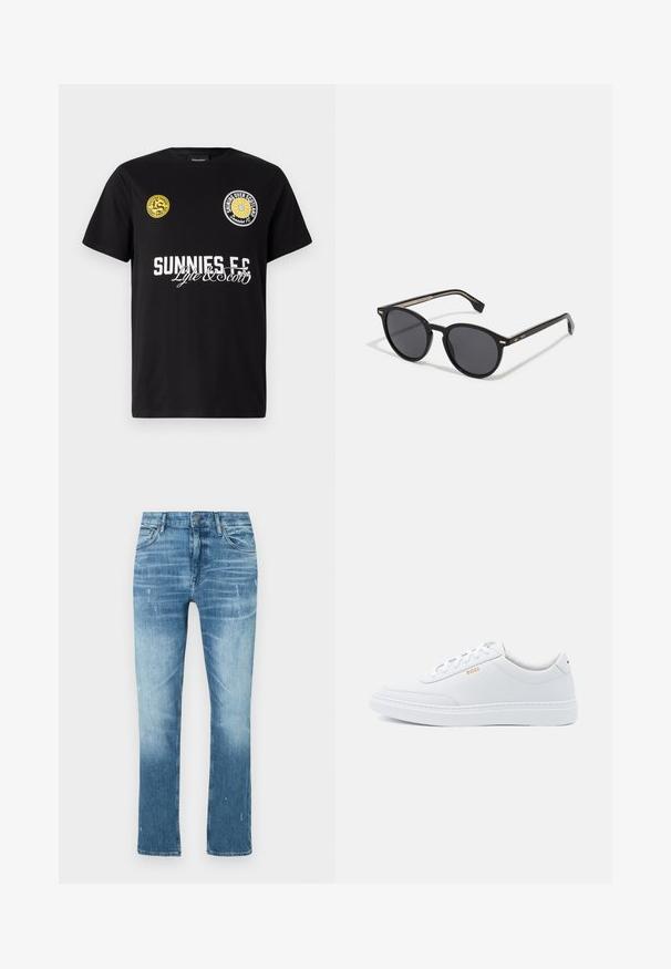 Must must-haki, millel on rinnal kaks ringikujulist logo. "Sunnies FC" on trükitud julgete valgete tähtedega, mille all on kalligraafilised aktsendid.; Heledad sinine sirge säärega teksapüksid, valmistatud denimist, millel on tuhmunud viimistlus, kerged kulumised ning traditsiooniline viie tasku disain.; Valged nahast tennisekad, millel on sile tekstuur, ümar varvas ja toon-toonis õmblused. Kootud sinised paelad ja kuldne logo küljel.; BOSS Päikeseprillid - black