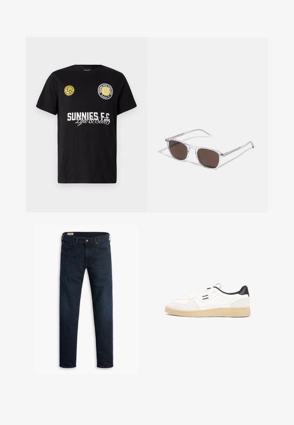 Schwarzes Baumwoll-T-Shirt mit zwei runden Logos auf der Brust. "Sunnies FC" ist in fette weiße Buchstaben mit geschwungenen Akzenten darunter gedruckt.; Dunkelblaue Slim-Fit-Jeans mit Fünf-Taschen-Design und Knopfverschluss, flach auf einem weißen Hintergrund ausgelegt.; Weißer Ledersneaker mit schwarzer Ferse, Schnürverschluss, perforierten Details am Obermaterial und einer hellbraunen Gummisohle. Mit Logo-Akzenten versehen.; Klarer Kunststoff-Sonnenbrillen mit rechteckigen braunen Gläsern, ausgestattet mit dünnen, transparenten Bügeln und Metallakzenten an den Schläfen.