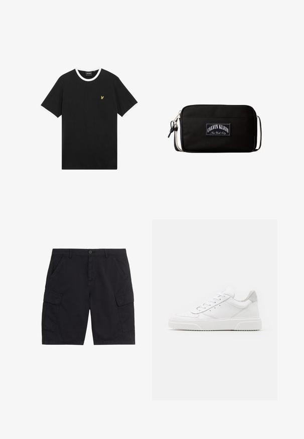 Zwart T-shirt met witte kraag en mouwranden, gemaakt van katoen. Voorzien van een klein geel geborduurd adelaarlogo op de borst.; Zwarte cargoshorts met knoop en ritssluiting aan de voorkant, twee zijzakken, twee cargozakken met klep en riemlussen.; Witte leren sneakers met een gladde afwerking, ronde neus, platte veters en een gestructureerde zool. Grijze suède accent bij de hiel.; Zwarte rechthoekige crossbodytas met wit patch-logo "Calvin Klein New York City" en verstelbare riem met metalen gesp.