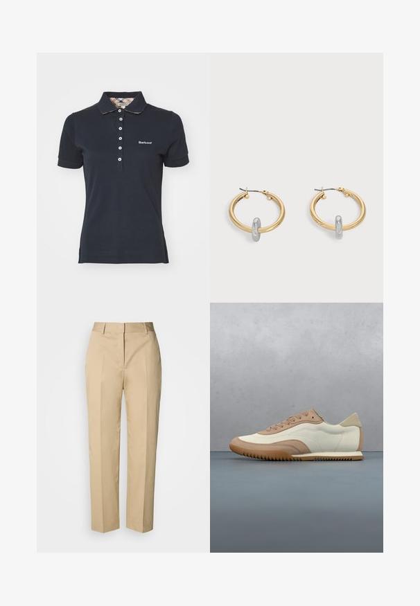 Tumesinest puuvillane polo särgiga, millel on krae ja nupuvahi. Valge broderi "Barbour" logo. Lühikesed varrukad ja ruuduline äär.; Beežid sirge lõikega püksid vööaasa ja esikortseriga, peidetud kinnitusega, valgel taustal.; Kreemikas ja helepruun vabaajajalats tekstuurse pealiskihi, paelte ja kummist tallaga, esitatud puidust pinna ja kivikestega taustal.; Kuldse tooniga rõngakujulised kõrvarõngad, kummalgi väike hõbedase tooniga aasa detail, esitletud heleda halli tausta ees.
