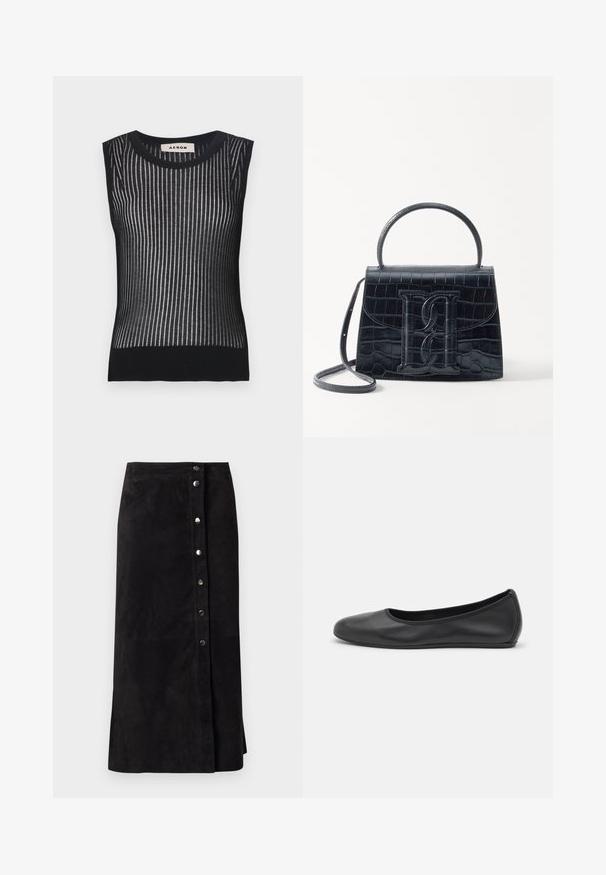 Top negro sin mangas de punto con rayas verticales y una textura semi-translúcida. Confeccionado en material suave y elástico para una silueta ajustada.; Falda midi de ante negra con botones a presión plateados en la parte delantera y abertura lateral, corte recto y cintura alta.; Bailarina de piel negra con punta redondeada, textura suave, detalle de costura minimalista y diseño de suela flexible.; Bolso de mano de cuero negro con estampado de cocodrilo, diseño estructurado, asa superior, correa ajustable y un destacado detalle del logotipo en la parte frontal.