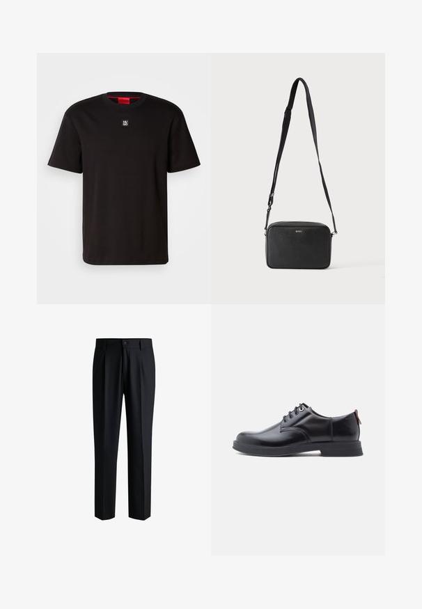 HUGO DALILE - Camiseta básica - black; Pantalones negros de tela suave, con un diseño de pierna recta, pliegues en la parte delantera y cierre de botón con trabillas para cinturón.; Zapatos de piel negra con cordones, textura lisa, puntera redondeada y detalles sutiles de costura. Cuentan con una lengüeta roja en el talón.; Bolso bandolera rectangular negro con correa ajustable y logo BOSS en la parte delantera, sobre un fondo claro liso.