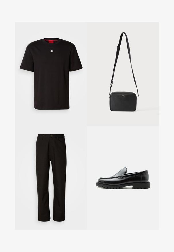 HUGO DALILE - T-shirt basique - black; Pantalon en coton noir avec une coupe droite, des passants de ceinture, une fermeture éclair à l'avant et un seul bouton. Texture lisse sans motifs visibles.; Mocassin en cuir noir avec semelle en caoutchouc épaisse, dessus cousu et nom de marque embossé sur le talon, présenté de profil sur fond blanc.; Sac bandoulière rectangulaire noir avec sangle réglable et logo BOSS sur le devant, sur un fond clair uni.
