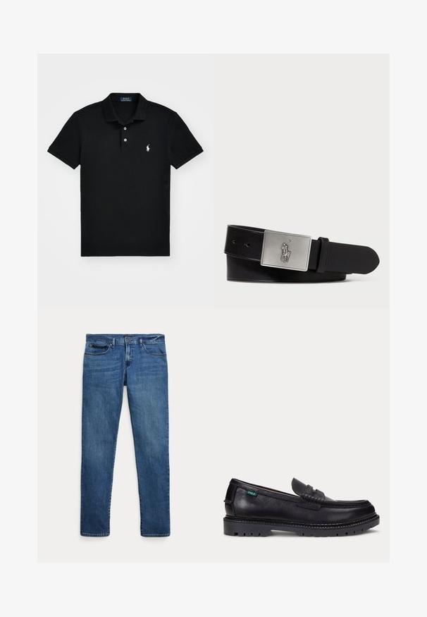 Polo noir en coton, avec un col classique, une patte de boutonnage à trois boutons, des manches courtes et un logo blanc sur la poitrine gauche.; Jean en denim bleu à coupe slim, avec poches avant, passants pour ceinture et fermeture à bouton sur fond blanc.; Mocassin en cuir noir avec une semelle épaisse à crampons et une petite étiquette verte "Polo" sur le côté extérieur, près du talon.; Ceinture en cuir noir avec une boucle en métal argenté rectangulaire ornée d'un logo embossé de cavalier, texture lisse et cinq trous.