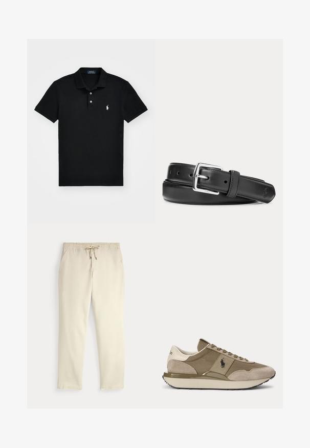 Sort polo skjorte lavet af bomuld, med en klassisk krave, tre-knaps lukning, korte ærmer og et hvidt logo på venstre bryst.; Off-white afslappede bukser med elastisk talje og snor, lige ben og sidelommer mod en ensfarvet baggrund.; Sidevisning af beige og brun sneaker med ruskindsdetaljer og Polo-logo på siden mod en ensfarvet baggrund.; Sort læderbælte med sølvfarvet rektangulært spænde, rullet sammen på en hvid baggrund, med et diskret præget logo på spidsen.