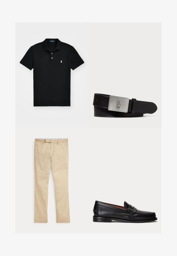 Polo noir en coton, avec un col classique, une patte de boutonnage à trois boutons, des manches courtes et un logo blanc sur la poitrine gauche.; Pantalon beige à jambes droites avec passants de ceinture et braguette zippée à l'avant, posé à plat sur un fond blanc.; Mocassin en cuir noir avec un petit talon et une bride penny, vu de côté sur un fond gris clair.; Ceinture en cuir noir avec une boucle en métal argenté rectangulaire ornée d'un logo embossé de cavalier, texture lisse et cinq trous.