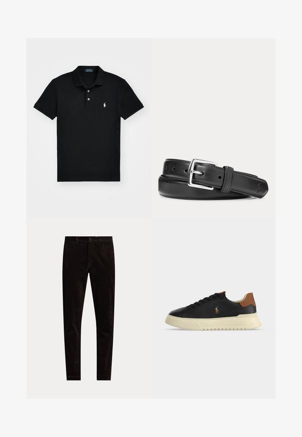 Polo noir en coton, avec un col classique, une patte de boutonnage à trois boutons, des manches courtes et un logo blanc sur la poitrine gauche.; Pantalon en velours côtelé noir coupe slim avec fermeture par bouton et zip, passants de ceinture et devant uni sur fond blanc.; Baskets basses en cuir noir avec semelle beige, languette de talon marron et petit logo brodé d’un joueur de polo sur le côté.; Ceinture en cuir noir avec boucle rectangulaire argentée, roulée sur un fond blanc, avec un logo embossé subtil à l'extrémité.