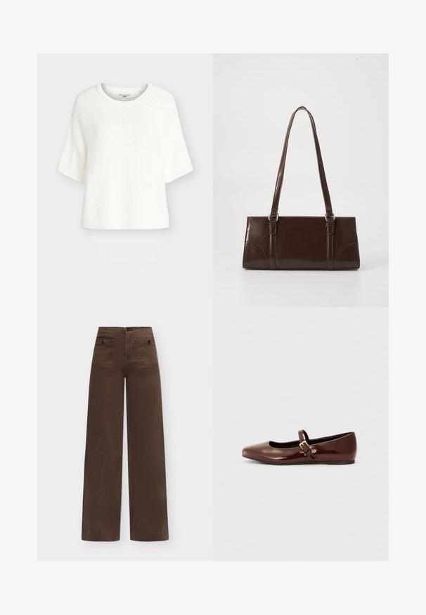 Pull tricoté texturé blanc à manches courtes avec encolure ronde et coupe décontractée, étiqueté Marc O'Polo Denim.; Pantalon marron taille haute à jambes larges avec deux poches avant à rabat sécurisées par des boutons sur un fond uni.; Ballerine en cuir verni marron avec un bout carré et une lanière ornée d'une petite boucle dorée. Texture lisse, talon bas et design minimaliste.; Sac à main en cuir verni marron de forme rectangulaire, avec deux longues poignées et des accents courbés subtils à l'avant.
