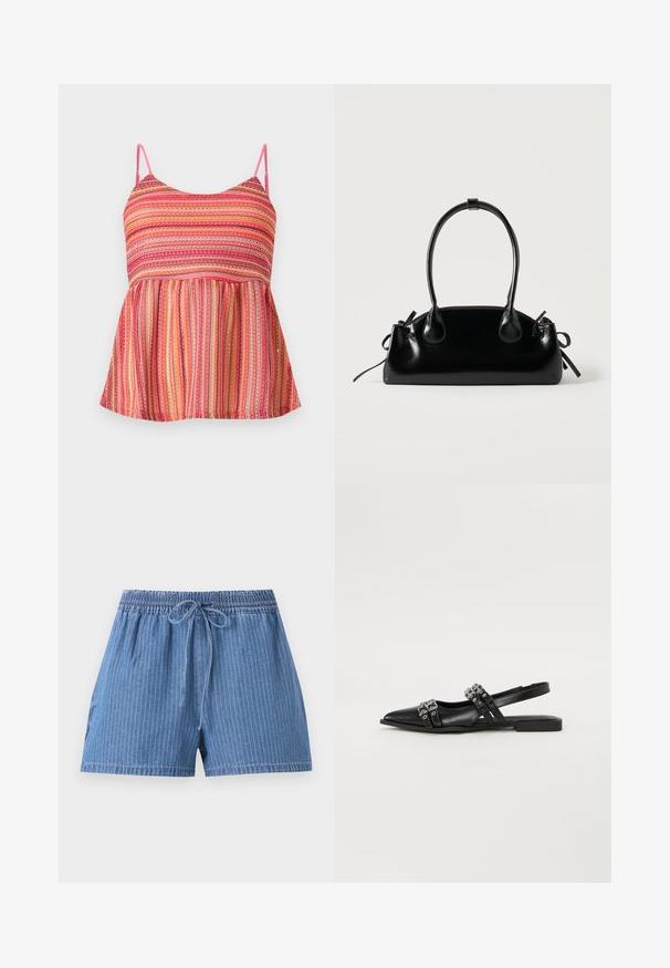 Haut sans manches en tricot à rayures roses et oranges avec bretelles spaghetti et coupe ample évasée.; Short en denim bleu avec fines rayures verticales, taille élastique et cordon de serrage à l’avant.; Even&Odd by Zalando Ballerines à brides arrière - black; Petit sac à main noir brillant avec deux longues anses et des détails à cordon sur les côtés sur un fond clair uni.