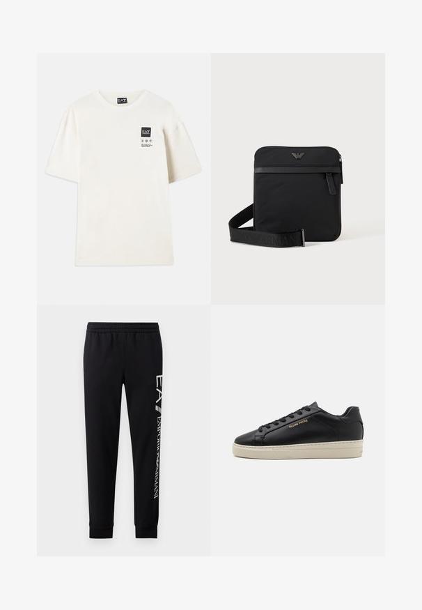 Korte mouwen T-shirt in off-white katoen, met een rechthoekige zwarte logo-label en wasinstructies in het zwart gedrukt op de borst.; Zwarte sweatpants van een katoenmix, met een elastische tailleband, taps toelopende benen, ribgebreide boorden en een wit logo-opdruk langs de zijkant.; Zwarte leren sneaker met een gladde afwerking, contrasterende crèmekleurige zool, ronde neus, gouden logo aan de zijkant en zes gaatjes voor veters.; Zwarte vierkante schoudertas met ritssluiting, voorvak en verstelbare band met geperste merknaam.