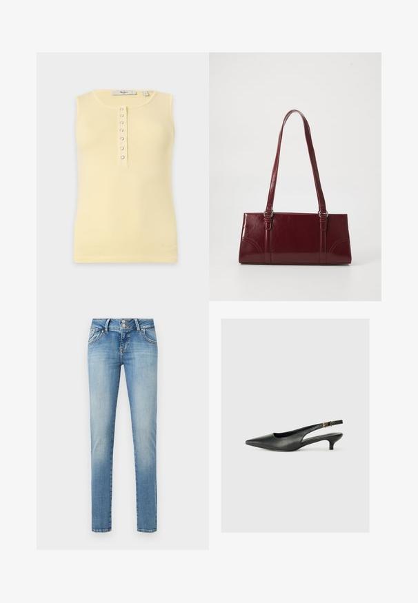 Débardeur côtelé jaune pâle sans manches avec encolure ronde et rangée verticale de six boutons-pression argentés au centre devant.; Jean slim bleu clair avec détails délavés, fermeture à double bouton et poches avant sur un fond neutre.; Chaussure slingback noire à bout pointu en cuir lisse. Présente un talon fin et un détail de boucle sur la sangle réglable.; Sac à main bordeaux en matériau brillant, de forme rectangulaire, avec deux anses et des accents légèrement courbés à l'avant.