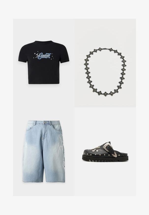 Schwarzes, kurzes T-Shirt aus Baumwolle mit rundem Ausschnitt, das auf der Vorderseite ein blaues und weißes "GmbH"-Logo zeigt, umgeben von kleinen Sternen.; Hellblaue Denim-Shorts mit lockerem Schnitt, Vordertaschen, Gürtelschlaufen und weißen Flammenmuster-Details auf beiden Seiten.; Schwarze Leder-Pantoletten mit metallischen Nieten und floralen Akzenten. Mit einem breiten Riemen und einer dicken, gezackten Sohle für zusätzlichen Halt.; Schwarze Metallkette mit kreuzförmigen Gliedern, die eine strukturierte Oberfläche und eine glatte Kette aufweist. Verschluss hinten.