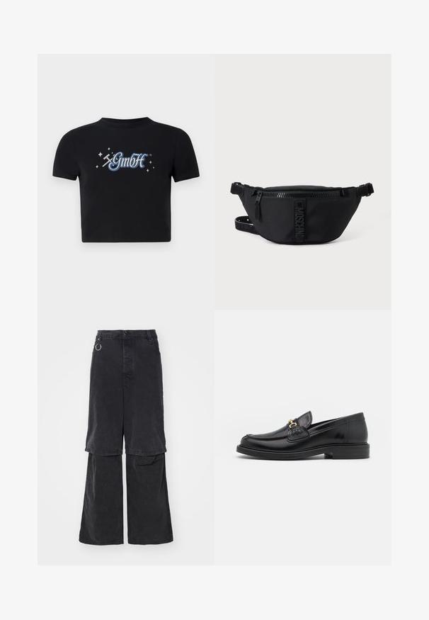 Sort cropped t-shirt lavet af bomuld med en rund halsudskæring, prydet med et blåt og hvidt "GmbH" logo omgivet af små stjerner, trykt på forsiden.; Études NOCTURNE - Jeans Relaxed Fit - black washed; Sorte læder loafers med en rund tå, der har guld hardware accent og syningsdetaljer, placeret på en lav, tekstureret gummisål.; Sort Moschino bæltetaske med frontlynlås og justerbar rem på en ensfarvet lys baggrund.