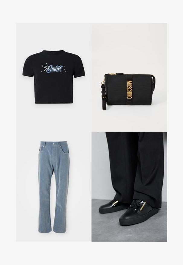 Zwart cropped t-shirt van katoen met een ronde halslijn, voorzien van een blauw-wit "GmbH" logo omringd door kleine sterren, bedrukt op de voorkant.; Lichtblauwe corduroy broek met knoop- en ritssluiting, voorzakken en rechte pijpen op witte achtergrond.; Zwarte leren sneakers met glanzende accenten, gestructureerde veters en een ritsdetail; gecombineerd met donkere, loszittende broek op een grijze vloer.; Zwarte nylon clutch met gouden accenten, voorzien van een centrale logo-band. Inclusief een afneembare schouderband en een rits voor veilige gebruik.