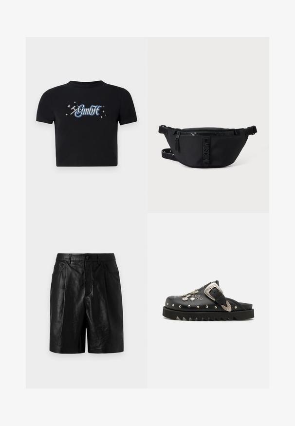 Schwarzes, kurzes T-Shirt aus Baumwolle mit rundem Ausschnitt, das auf der Vorderseite ein blaues und weißes "GmbH"-Logo zeigt, umgeben von kleinen Sternen.; Schwarze Leder-Shorts mit maßgeschneidertem Design, ausgestattet mit zwei Fronttaschen, einem Knopfverschluss und einer glatten, glänzenden Textur.; Schwarze Leder-Pantoletten mit metallischen Nieten und floralen Akzenten. Mit einem breiten Riemen und einer dicken, gezackten Sohle für zusätzlichen Halt.; Schwarze Moschino Bauchtasche mit Frontreißverschluss und verstellbarem Riemen auf einfachem hellem Hintergrund.