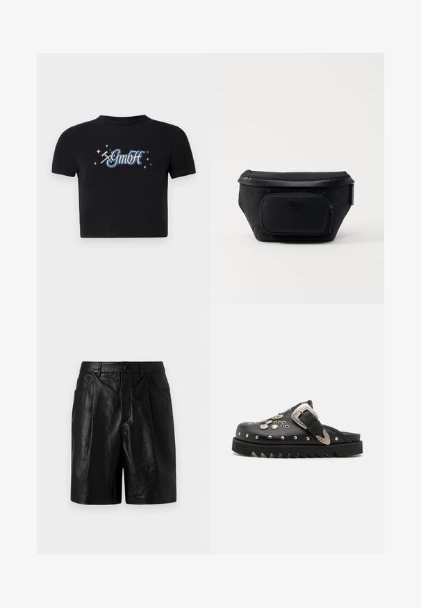 Sort cropped t-shirt lavet af bomuld med en rund halsudskæring, prydet med et blåt og hvidt "GmbH" logo omgivet af små stjerner, trykt på forsiden.; Sorte lædershorts med et skræddersyet design, der har to forlommer, knaplukning og en glat, blank overflade.; Sorte lædertræsko med metalliske nitter og blomsteraccenter. Har en bred rem og en tyk, takkede sål for ekstra højdeforskydning.; Sort nylon taske med en frontlomme med lynlås, der har en glat overflade og et logo som accent. Struktureret design med fold-over top.