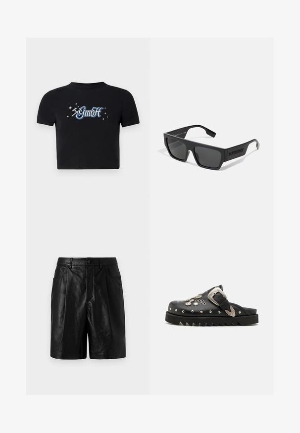 Zwart cropped t-shirt van katoen met een ronde halslijn, voorzien van een blauw-wit "GmbH" logo omringd door kleine sterren, bedrukt op de voorkant.; Zwarte leren korte broek met een getailleerd ontwerp, voorzien van twee voorzakken, een knoopsluiting en een gladde, glanzende textuur.; Zwarte leren klompen met metalen studs en bloemaccenten. Voorzien van een brede strap en een dikke, gegroefde zool voor extra hoogte.; Zwarte zonnebril met een rechthoekige vorm, matte afwerking en grijze lenzen. Voorzien van een reliëflogo op de pootjes. Klassiek ontwerp.