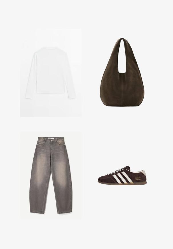 Schlichtes weißes Langarmshirt flach liegend dargestellt, Rückseite sichtbar, einfacher Rundhalsausschnitt, minimalistisches Design, keine Muster oder Logos.; Weite graue Jeans aus Denim, mit subtiler Ausbleichung, fünf Taschen-Design, Gürtelschlaufen und einem Knopfverschluss an der Taille.; Braune Wildleder-Sneaker mit drei weißen Streifen, Gummisohle und Textlabel "Gazelle" in Gold. Schnürdesign mit grauen Schnürsenkeln.; Weiche dunkelbraune Wildleder-Hobo-Tasche mit breitem einzelnen Riemen und abgerundetem Boden auf weißem Hintergrund.
