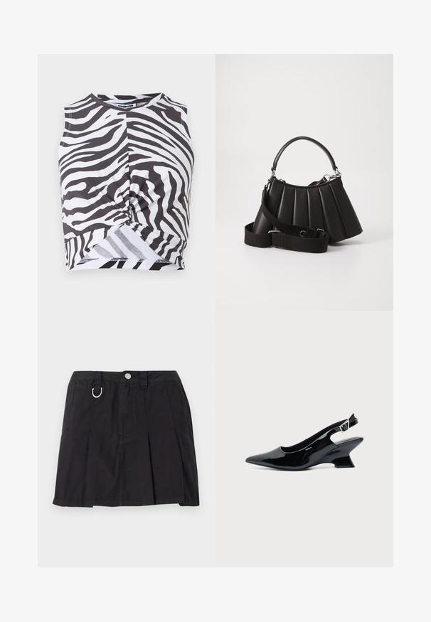 Zebra-gepatrooneerde cropped tanktop van zachte stof, met een twistdetail bij de taille en een ronde halslijn. Monochroom kleurenschema.; Zwarte plissérok van katoen, met een knoopsluiting aan de voorkant, riemlussen en een D-ring accent op de tailleband.; Zwarte lakleren slingback schoen met spitse neus en lage schuine blokhak op een effen lichte achtergrond.; Zwarte geplooide handtas met een ronde handgreep, verstelbare schouderriem en glanzende textuur. Heeft zilveren hardware en een gestructureerde silhoutte.