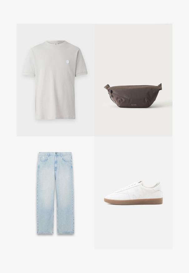 Lichtgrijze katoenen t-shirt met korte mouwen, ronde hals en een klein wit hexagonaal logo op de bovenste linkerzijde. Glad textuur.; Lichtblauwe denim rechte jeans met hoge taille, twee voorzakken, een enkele muntzak en een knoopsluiting.; Witte lage sneaker met een zool van geschuurd rubber, gestikte overlays en een vetersluiting op een neutrale achtergrond.; Donkerbruine stoffen heuptas met diagonale ritssluiting en klein wit logo aan de voorkant, tegen een effen lichte achtergrond.