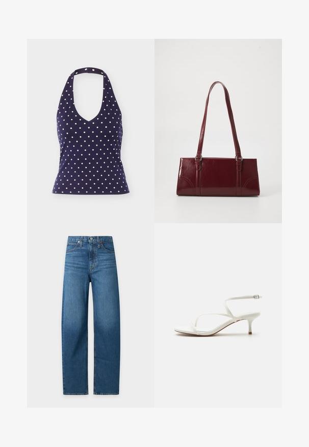 Haut dos nu bleu marine à pois blancs, encolure en V et taille cintrée, présenté sur un fond uni.; Jean en denim bleu avec coupe droite, design cinq poches, fermeture par boutons et coutures visibles sur fond uni.; Sandale à brides pour femme blanche avec petit talon kitten et boucle à la cheville sur fond blanc uni.; Sac à main bordeaux en matériau brillant, de forme rectangulaire, avec deux anses et des accents légèrement courbés à l'avant.
