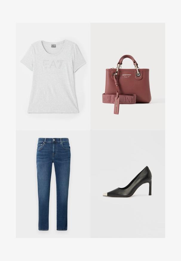 T-shirt gris clair en tissu doux, avec un col rond et des manches courtes. L'avant présente un logo EA7 subtil en strass.; Jean en denim bleu foncé avec une coupe droite, design à cinq poches, fermeture par bouton en métal et légère décoloration sur le tissu.; Chaussure à talon haut en cuir noir avec bout pointu et capuchon argenté métallique. Présente une finition lisse et un talon fin de 10 cm.; Petit sac à main en cuir mauve texturé avec poignées supérieures, ferrures argentées et une large bandoulière assortie embossée d'un nom de marque.