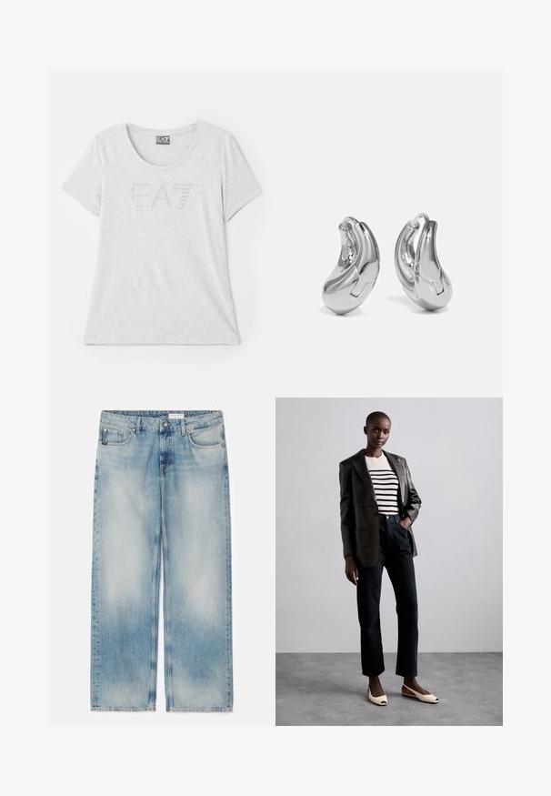 Lysegrå T-shirt lavet af blødt stof, med rund halsudskæring og korte ærmer. Fronten viser et subtilt EA7-logomotiv i rhinsten.; Lysblå denim bukser i bred benstil med et falmet design, fem lommer og knaplukning. Lige snit med frynset kant.; GIABORGHINI VERA - Ballerina peep-toe - cream; Sølvøreringe med en buet, blank finish og et sømløst design. Har en hængsellukning for sikker bæring.