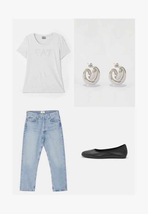 Lysegrå T-shirt lavet af blødt stof, med rund halsudskæring og korte ærmer. Fronten viser et subtilt EA7-logomotiv i rhinsten.; Lysblå denimjeans med en klassisk lige skåret ben, fem lommer og knaplukning, der har en subtil falmet effekt og en robust tekstur.; Sort læderballetsko med rund tå, glat tekstur, minimal syning og et fleksibelt såldesign.; Sølv metaløreringe med et svunget design, der har glatte overflader og en poleret finish, sikret med en sommerfugleklips.