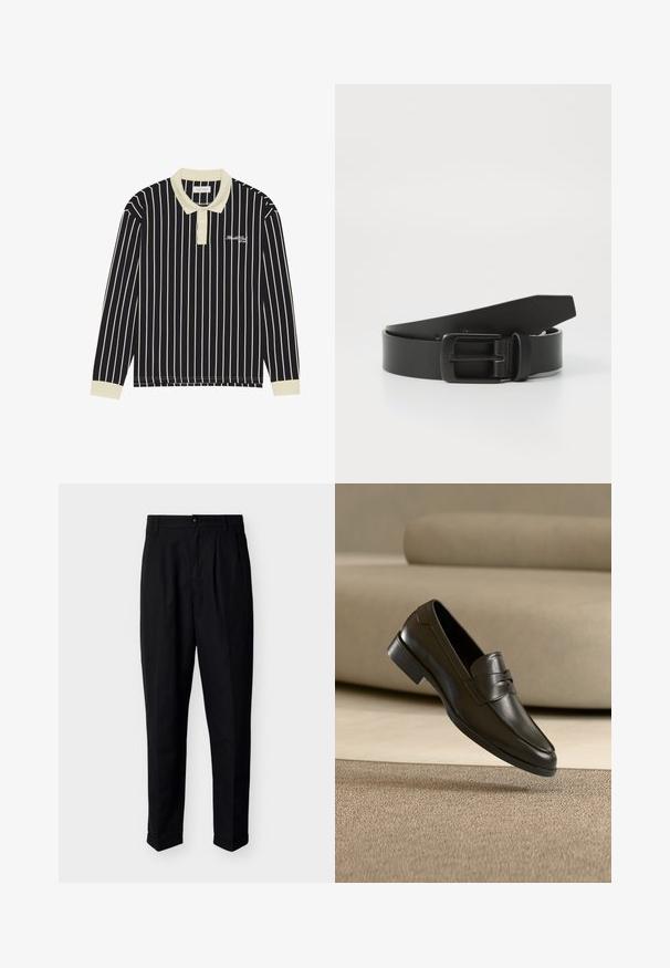 Polo à manches longues avec des rayures verticales bleu marine et crème, un col crème, une patte de boutonnage à trois boutons, et un logo brodé sur la poitrine gauche.; Pantalon noir pour homme, ajusté, avec fermeture à boutons, passants pour ceinture, plis avant, poches latérales et ourlets retroussés.; Mocassin en cuir noir flottant au-dessus d'un tapis beige avec un canapé beige en arrière-plan, mettant en valeur le design classique pour hommes sans lacets.; Ceinture en cuir noir avec une boucle en métal noir mat, présentant une texture lisse et un design simple. Longueur réglable avec une extrémité effilée.