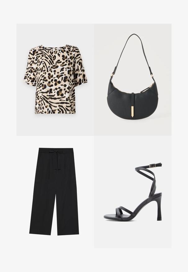 Blouse à manches courtes en beige clair avec imprimé animal noir et marron. Présente un col carré et une coupe décontractée. Texture légère.; Pantalons larges noirs avec taille nouée, présentant une texture lisse et deux poches latérales, conçus dans une silhouette surdimensionnée.; Sandales à talons hauts noires au design élégant, avec deux fines brides sur les orteils et une bride croisée à la cheville avec une boucle.; Sac à main noir en forme de croissant avec une bandoulière unique, une fermeture éclair dorée et une languette décorative rectangulaire dorée à l'avant.