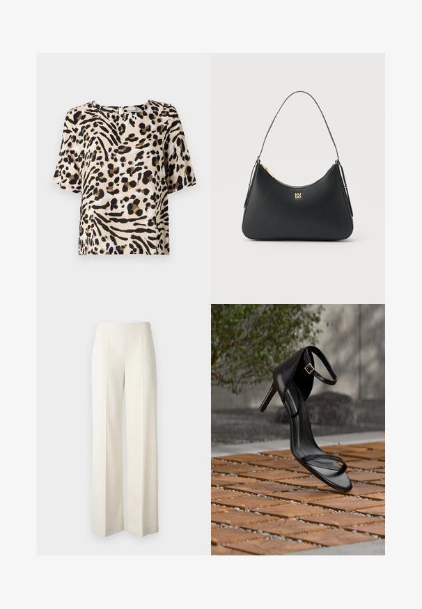 Blouse à manches courtes en beige clair avec imprimé animal noir et marron. Présente un col carré et une coupe décontractée. Texture légère.; Pantalons larges blancs en tissu lisse avec plis avant. Conçus avec une taille haute et une finition soignée.; Sandale noire à talon haut avec sangle à la cheville, suspendue au-dessus d'un sol en carreaux de bois à l'extérieur, avec un arrière-plan flou de verdure et de pierre.; Sac à main en cuir noir avec fermeture éclair dorée, sangle fine et logo "HUGO" doré centré à l'avant.