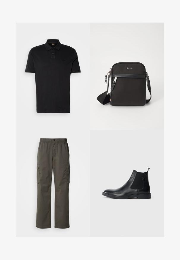 Zwarte poloshirt van katoen, met een klassieke kraag, twee knopen en een geborduurd logo op de borst. Korte mouwen.; Cargo-broeken in donkergrijs met een elastische tailleband, twee zijzakken en een relaxte pasvorm. Gemaakt van duurzame stof met een soepele textuur.; Zwarte leren Chelsea-boots met elastische zijpanelen, een treklipje en een vlakke rubberen zool. Gladde textuur met minimale details.; Zwarte schoudertas van textuurstof, met logo aan de voorkant, ritssluiting en verstelbare schouderband. Voorzien van een gladde leren rand.