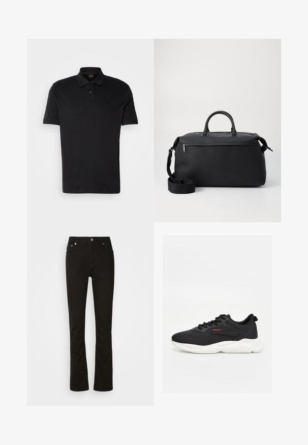 Schwarzes Polo-Shirt aus Baumwolle, mit klassischem Kragen, zwei Knöpfen und einem gestickten Logo auf der Brust. Kurze Ärmel.; Schwarze Jeans aus Denim mit geradem Bein, ausgestattet mit vorderen Taschen, einem Reißverschluss und silbernen Hardware-Details. Glatte Textur, ohne Muster.; Schwarz-weißer Hugo-Sneaker mit dicker weißer Sohle, Schnürverschluss und kleinem roten "HUGO"-Logo an der Seite.; Schwarze Leder-Reisetasche mit zwei Oberhandgriffen, einem abnehmbaren Schultergurt und einer Reißverschlusstasche auf der Vorderseite für zusätzlichen Stauraum.